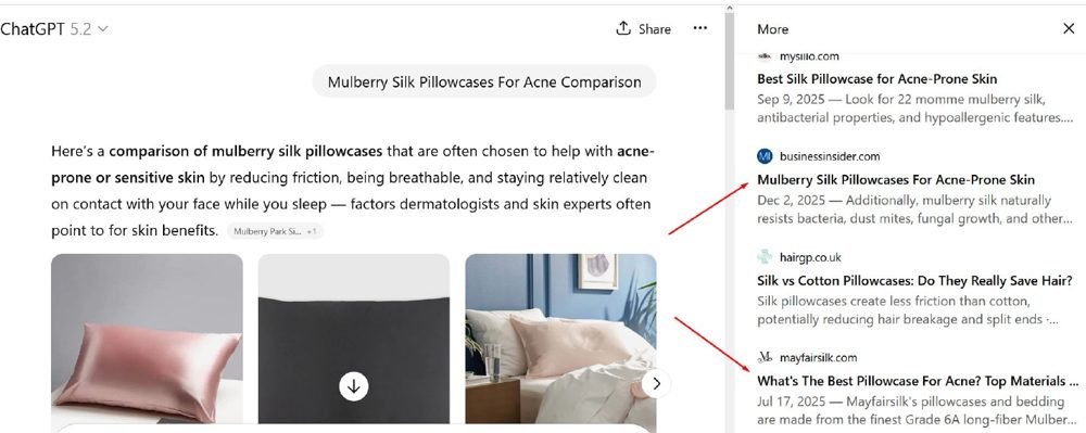 ChatGPT answer comparing mulberry silk pillowcases, with the brand's article listed among the cited sources