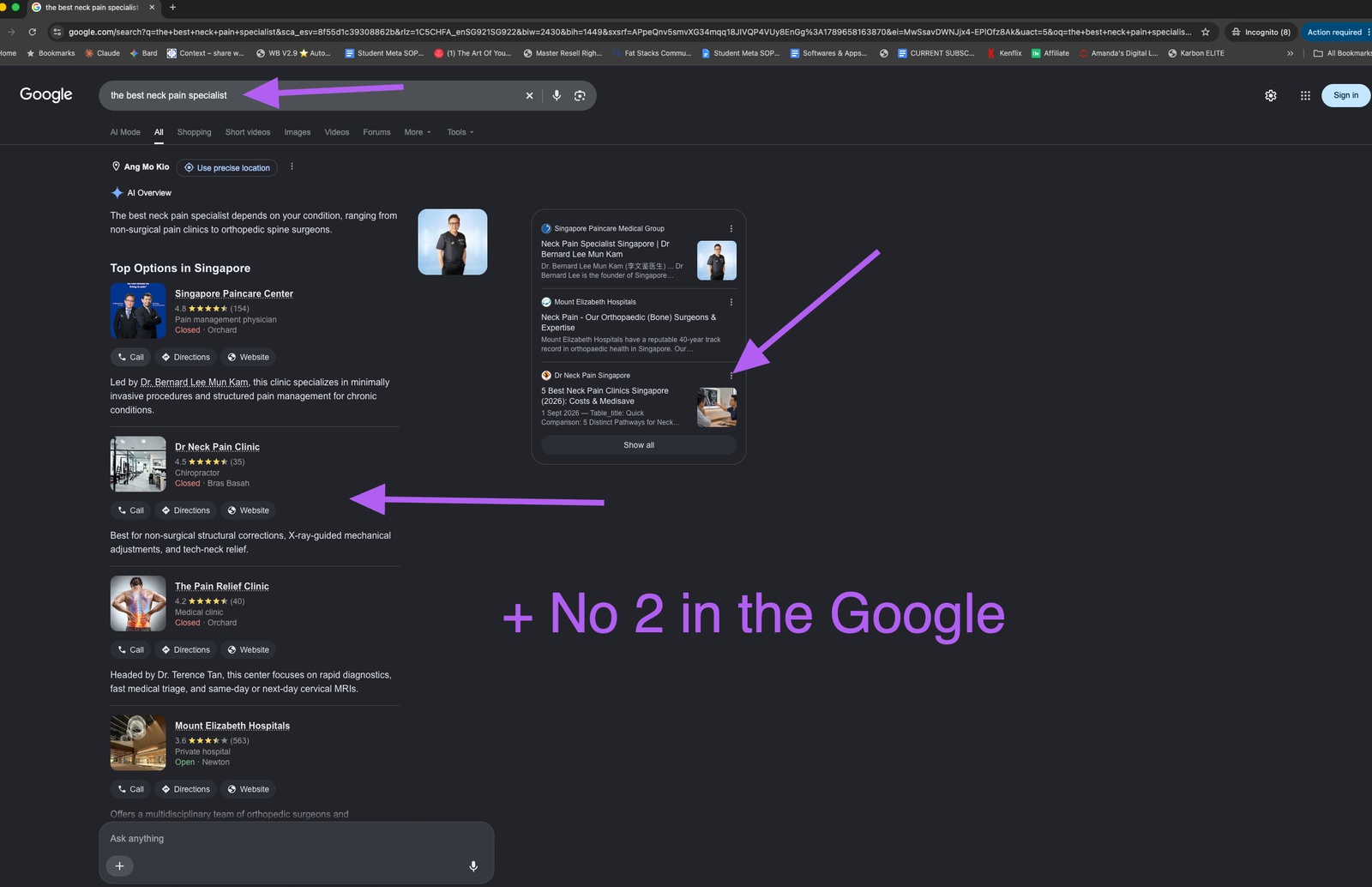 Google AI Overview for the best neck pain specialist, showing Dr Neck Pain Clinic listed second and cited as a source