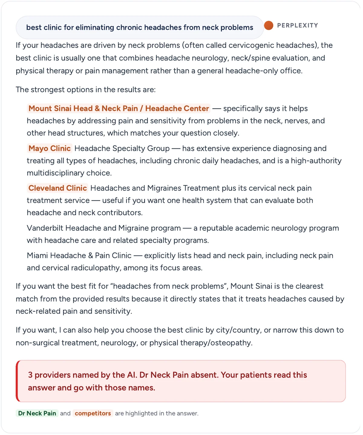 Perplexity answering a Singapore neck pain question with US hospitals instead of local clinics
