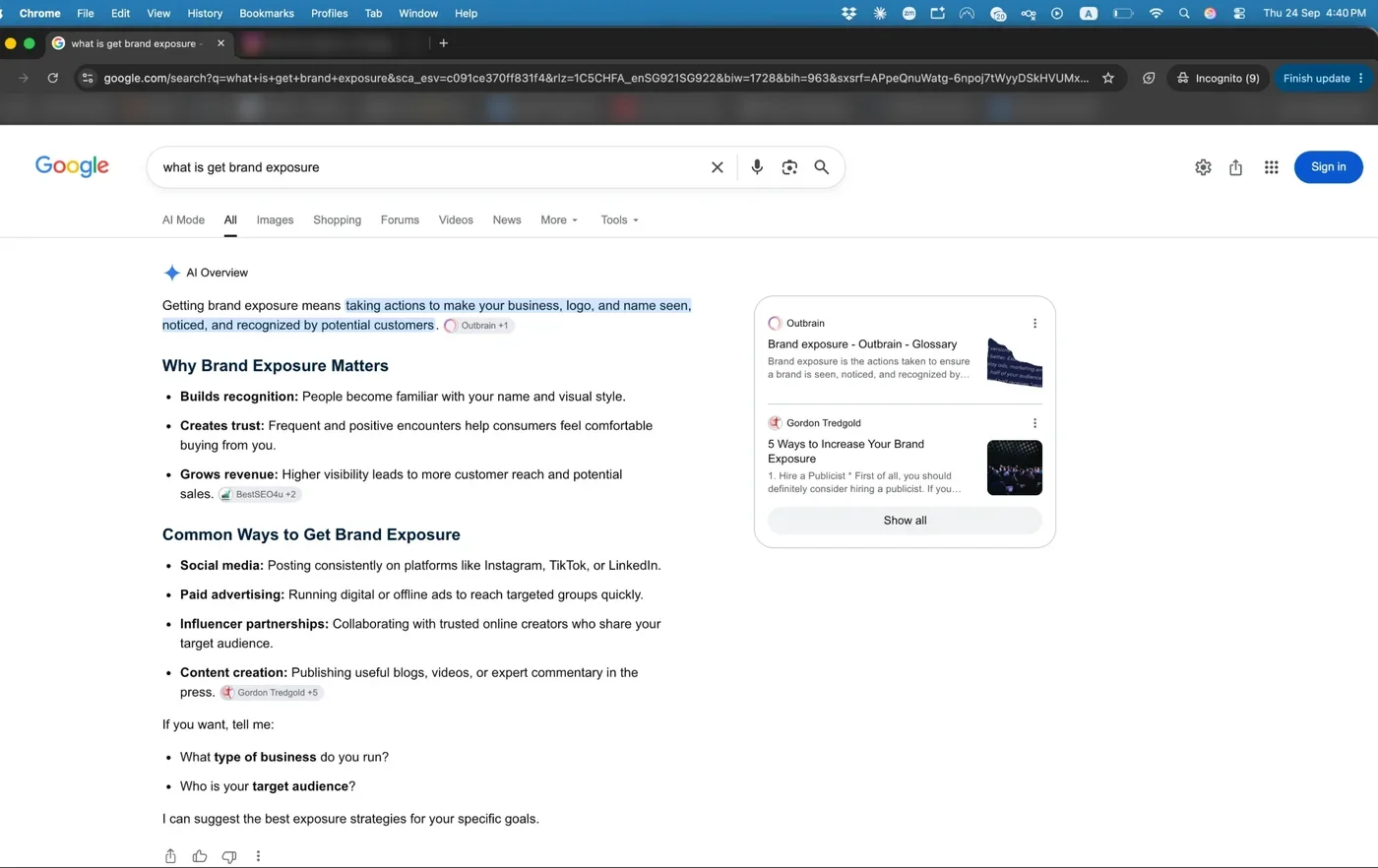 Google AI Overview in Singapore answering 'what is get brand exposure' without naming the agency, 24 September 2026