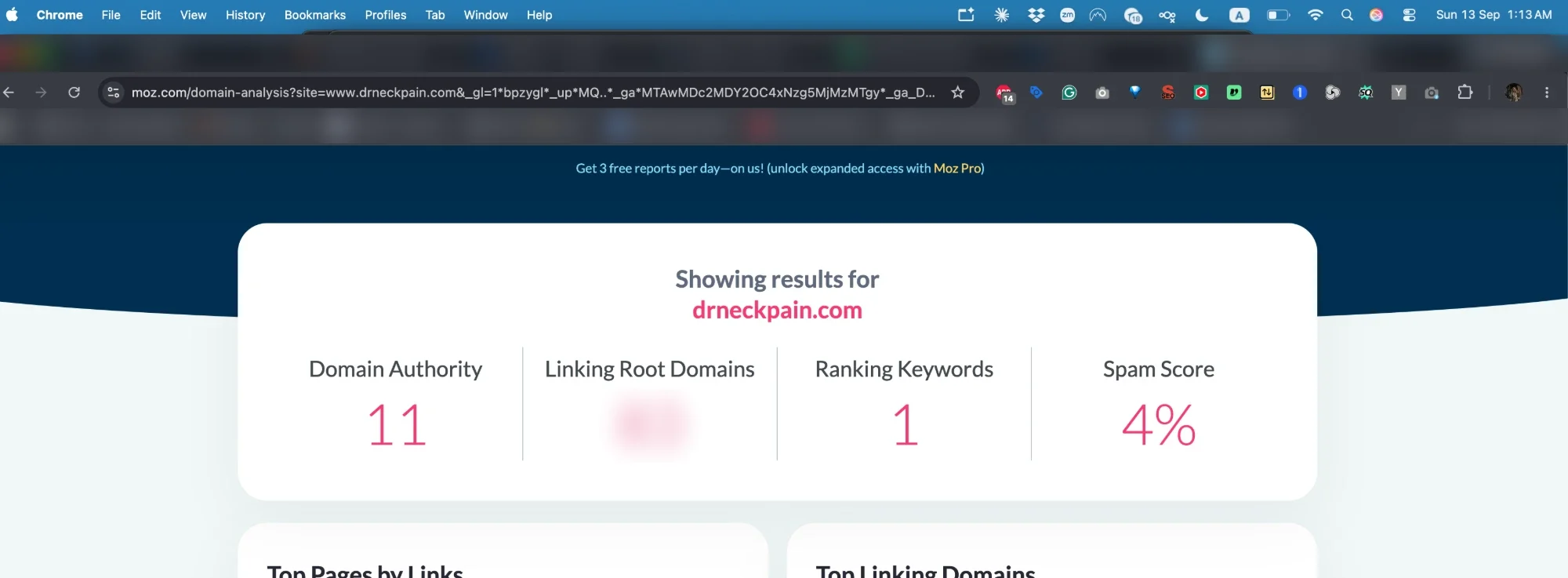 Moz authority score of 11 for a Singapore chiropractic clinic website, before its guides were cited by Google AI