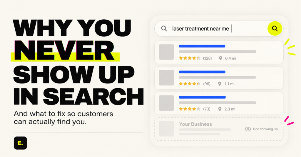 Graphic illustrating a Google Maps search for "laser treatment near me", showing a local business failing to rank in the top three results next to the text "Why You Never Show Up In Search".